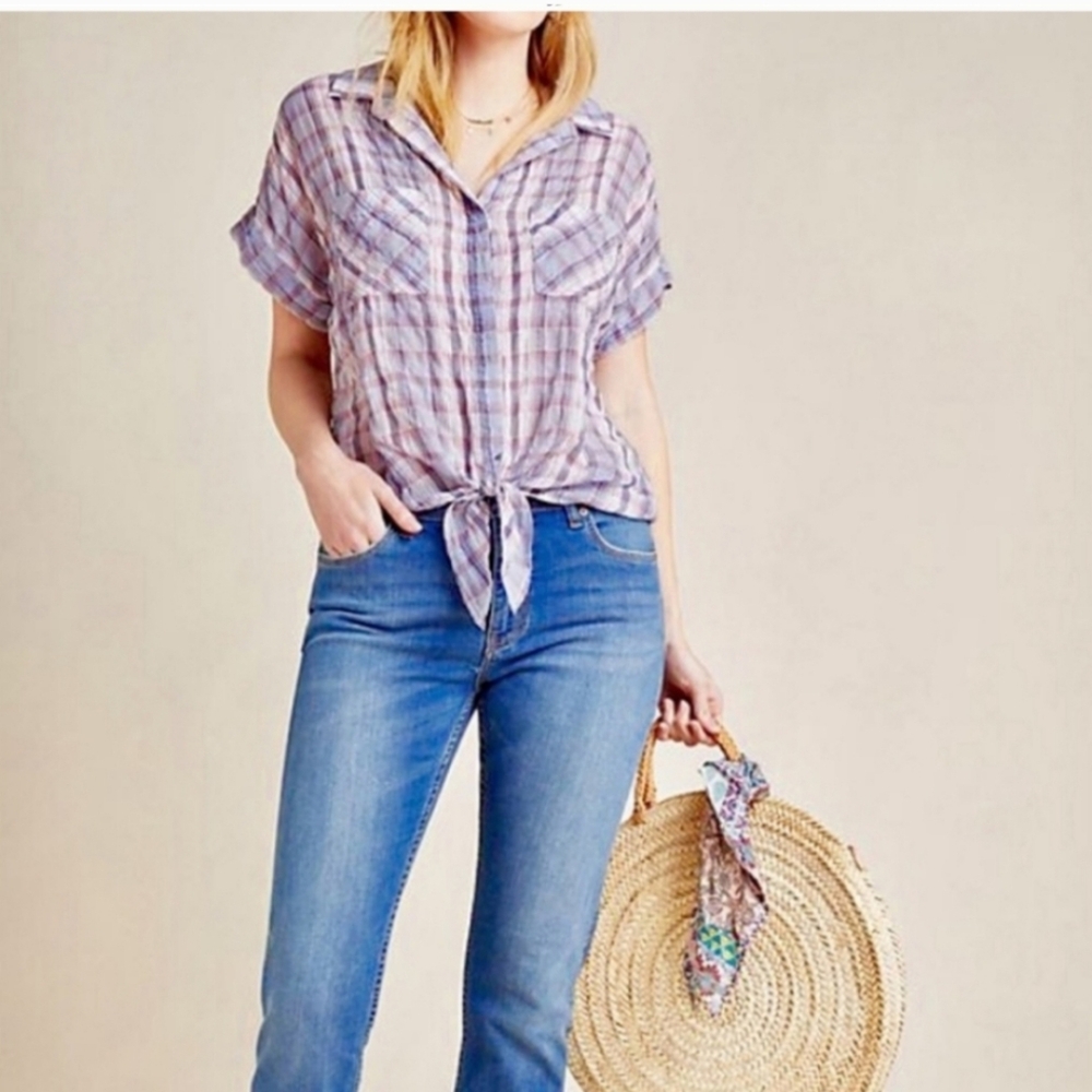 Cloth & Stone Anthropologie Plaid Tie Front Shirt Women's small western beachy - Picture 2 of 7
